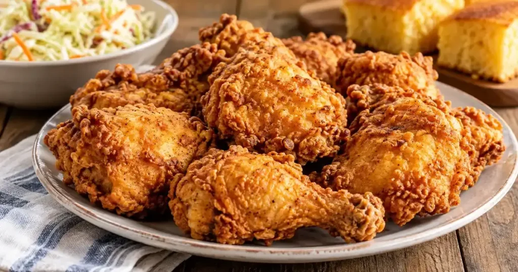 Golden crispy Southern fried chicken pieces served on a rustic plate with coleslaw in the background