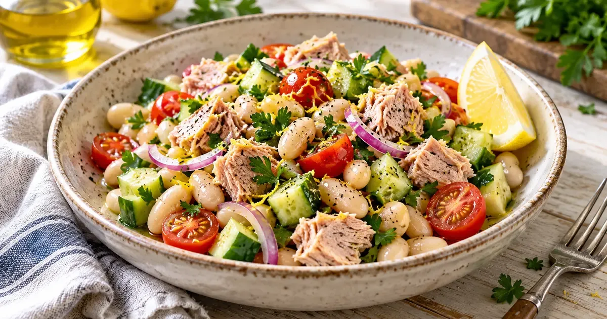 Tuna and white bean salad with cucumber, cherry tomatoes, parsley, and lemon in a bowl